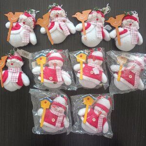 SNOWMAN CHRISTMAS TREE ORNAMENTS RED WHITE PLUSH WOOD BIRDS AND HOUSES LOT OF 10
